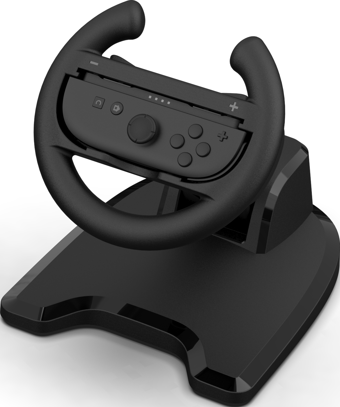 Schwarzes Rennlenkrad auf Ständer, mit installiertem schwarzen Joy-Con-Controller.