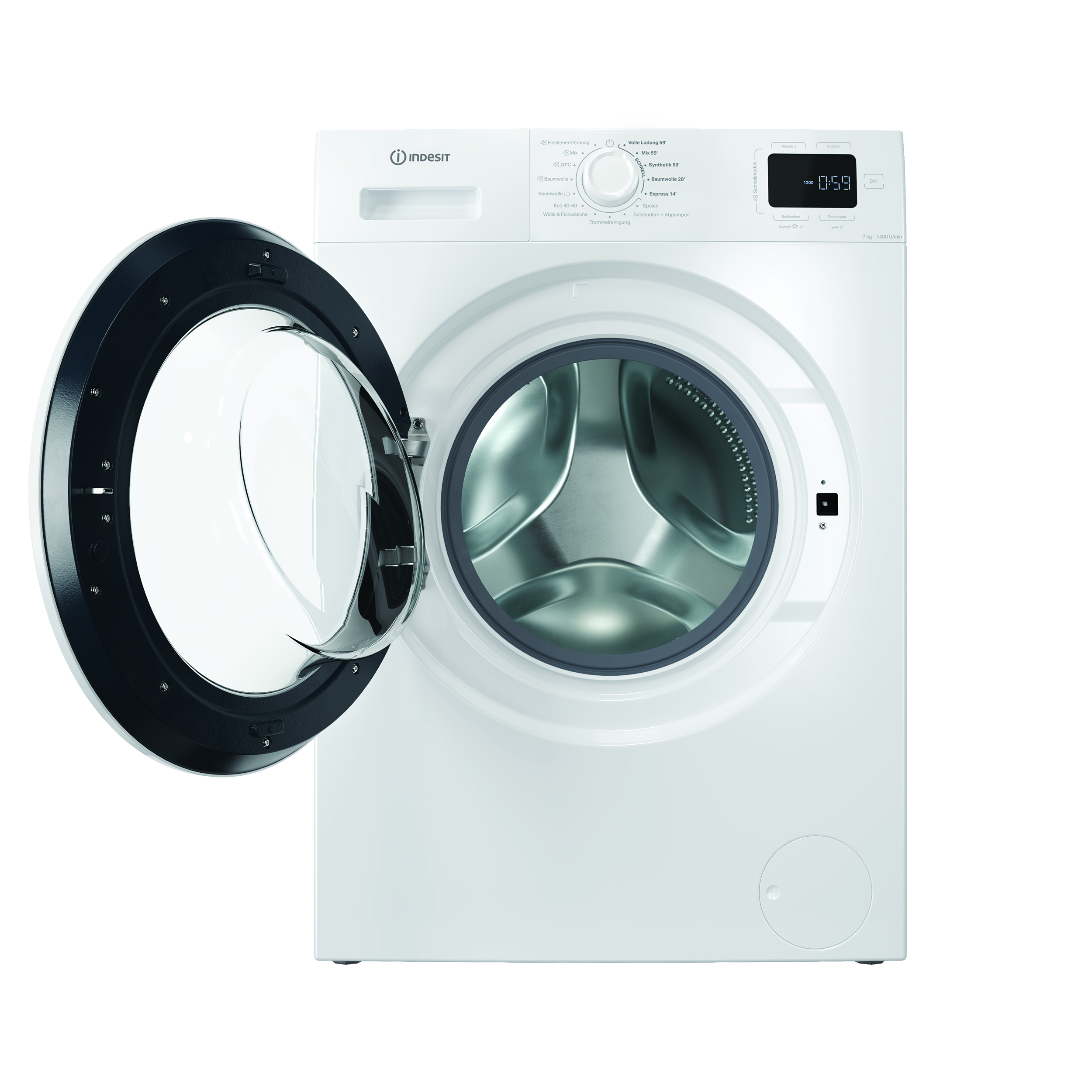 Weiße Indesit Waschmaschine, Vorderansicht, mit geöffneter Tür, Trommel sichtbar.