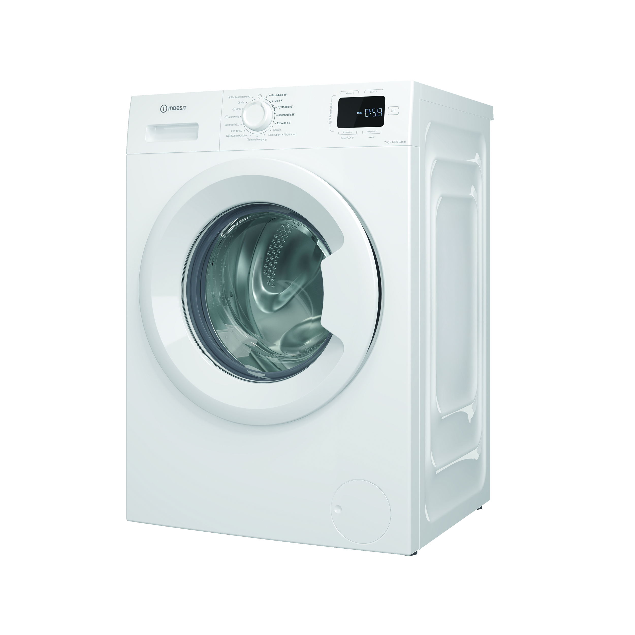 Weißes Indesit Waschmaschinen-Bedienfeld, mit Drehregler und Digitalanzeige.