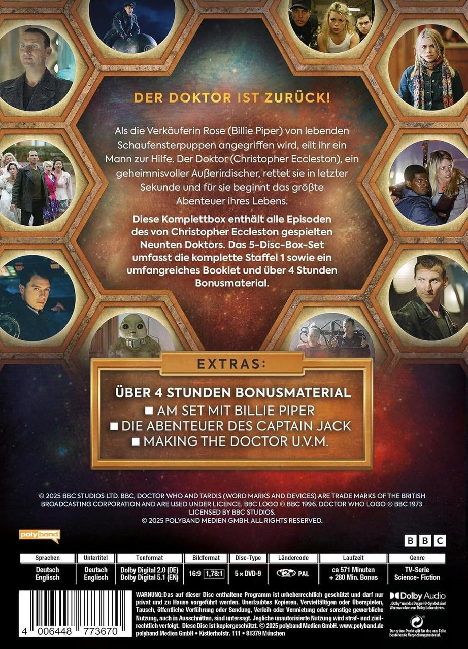 Rückseite einer Doctor Who DVD-Box mit Bildern von Charakteren und Text.