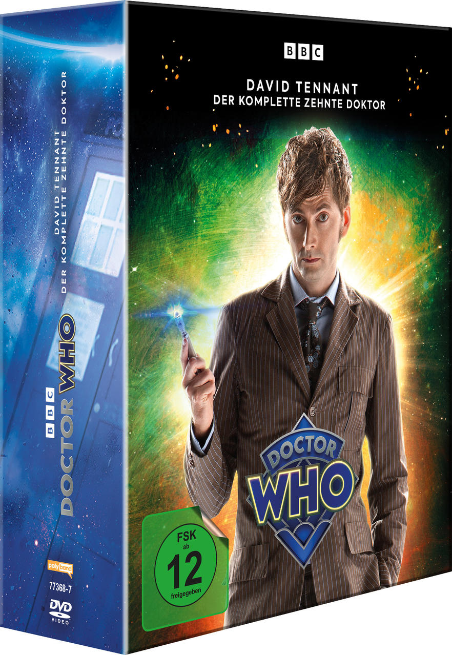 DVD-Cover: David Tennant im Nadelstreifenanzug, hält einen Sonicschraubenzieher, 'Doctor Who'-Logo und Text.