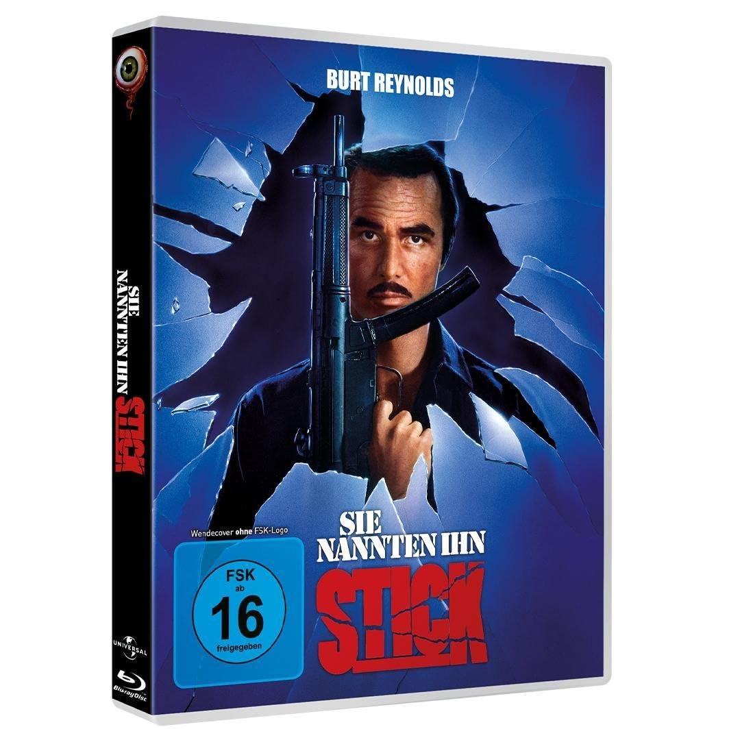 DVD-Cover mit Burt Reynolds, der eine Waffe hält, und Glassplittern auf blauem Hintergrund.
