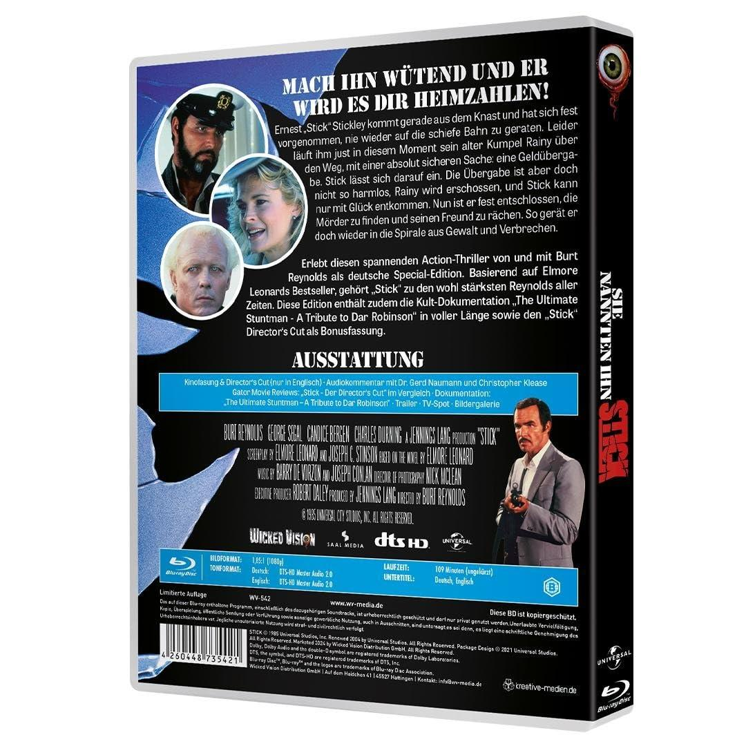 DVD-Rückseite mit Text, Bildern von Burt Reynolds und einer Szene mit einem Boot und einem Mann.