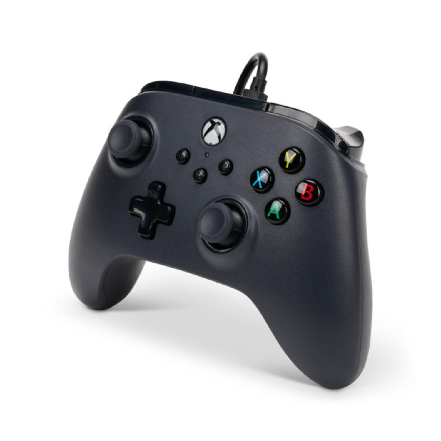 Black Xbox controller with buttons. The controller is in a white background with a slight angle.