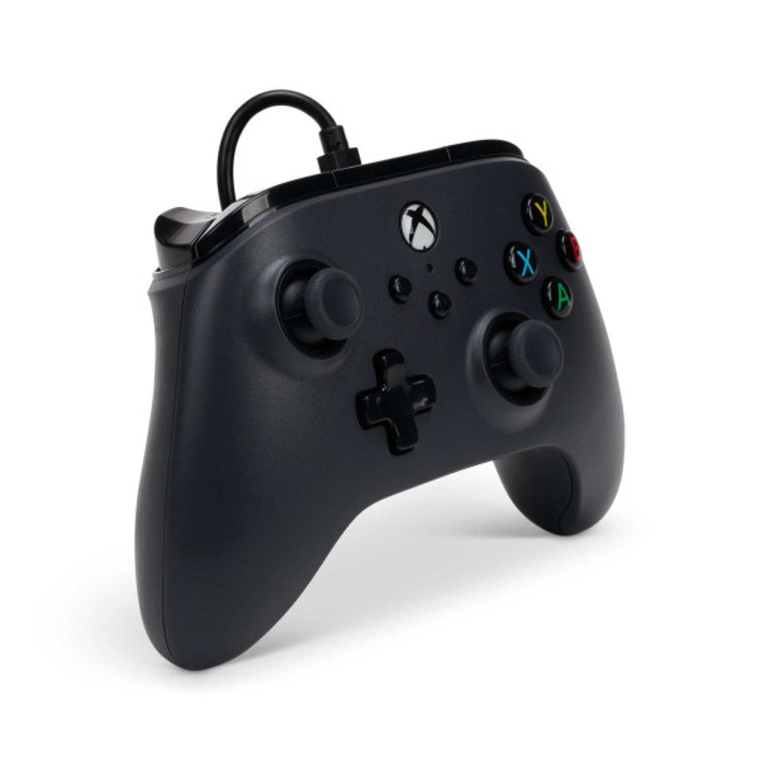 Black Xbox controller with buttons. The controller is in a white background with a slight angle.