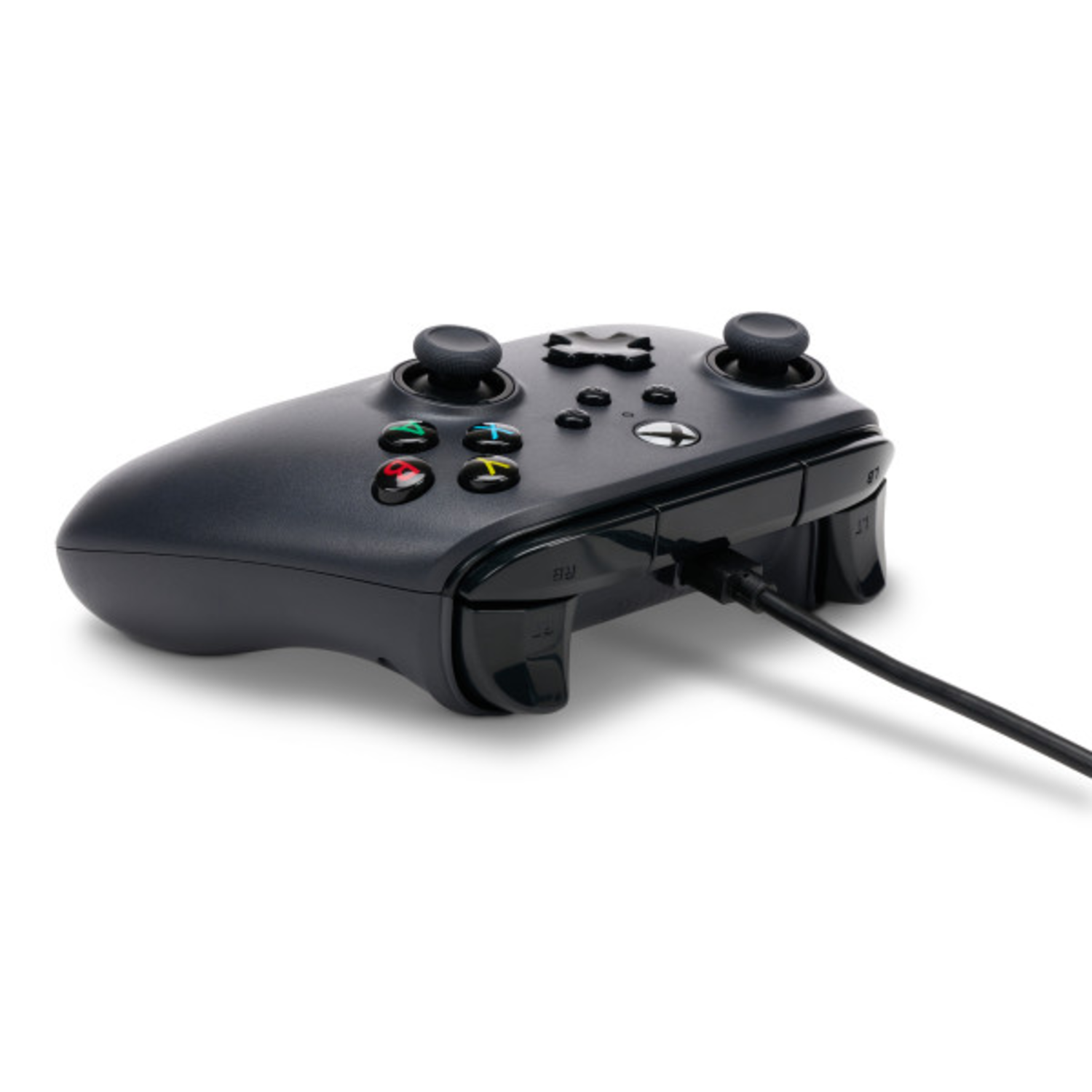 Black Xbox controller, top-down view, with buttons and joysticks. A black cable is plugged in.