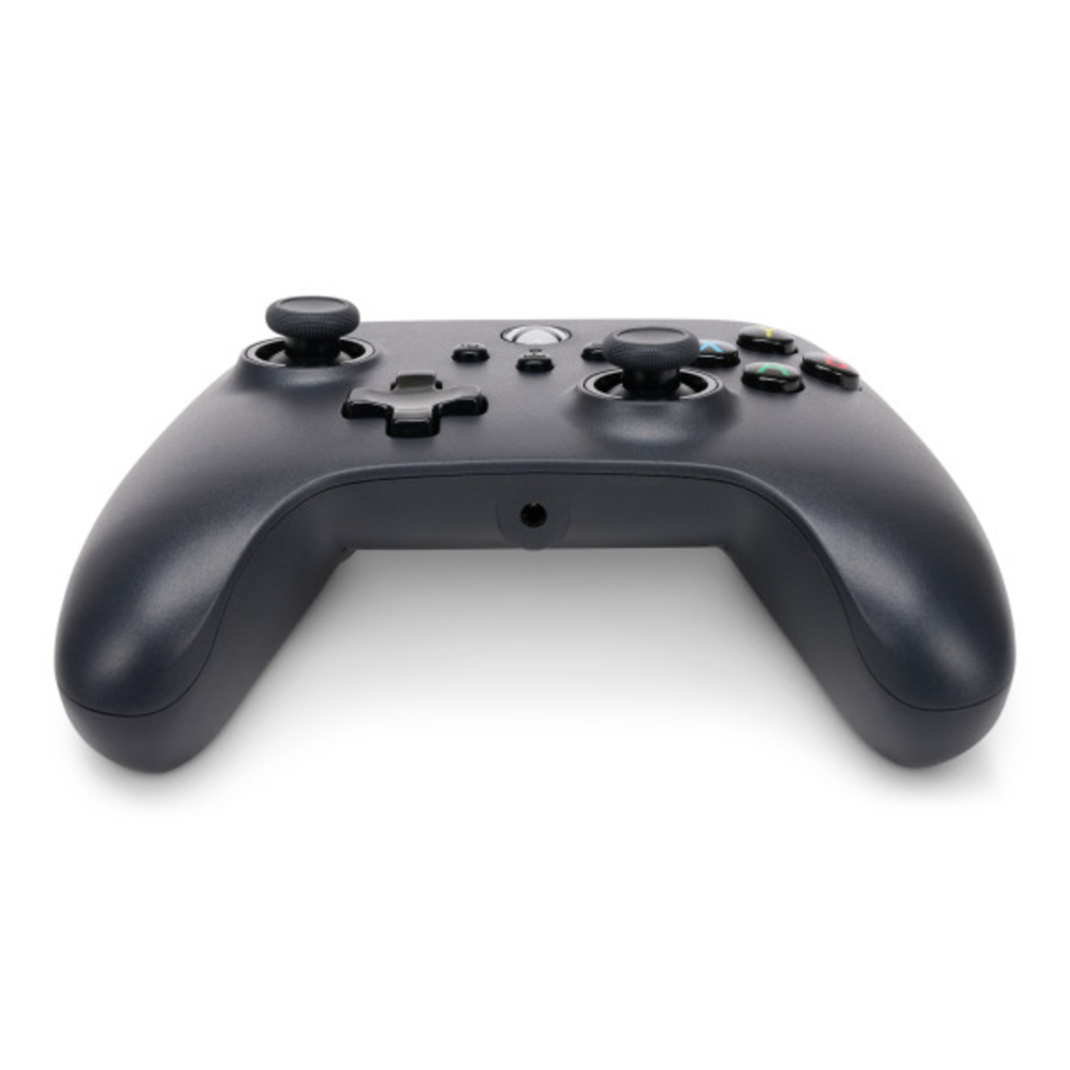 Black Xbox controller, top view. Buttons, D-pad, and joysticks visible. White background.