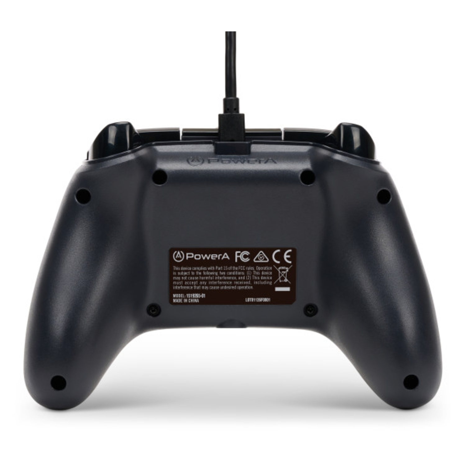 Backside of a black Xbox controller. Labels and ports visible. Isolated on a white background.