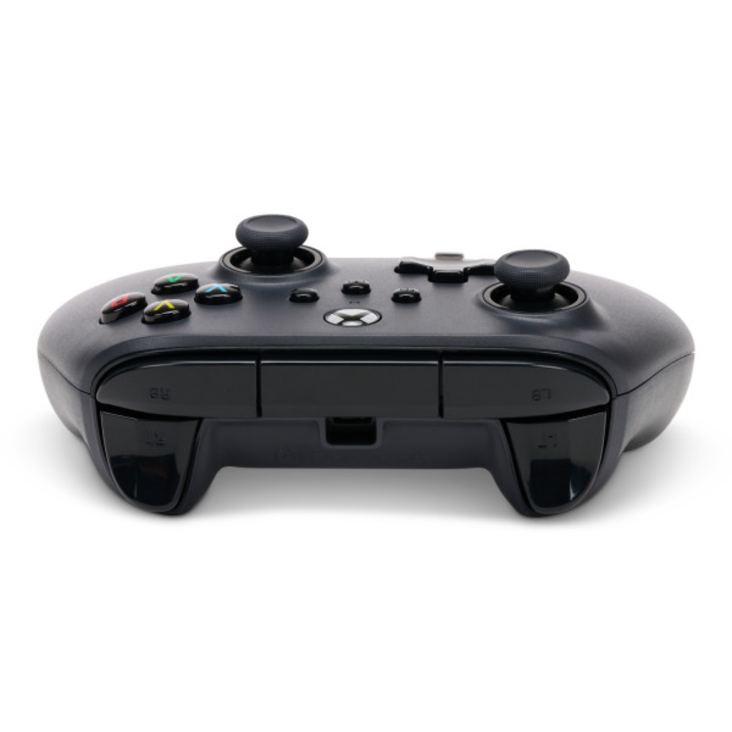 Black Xbox controller, top view. Buttons, joysticks, and triggers visible. White background.