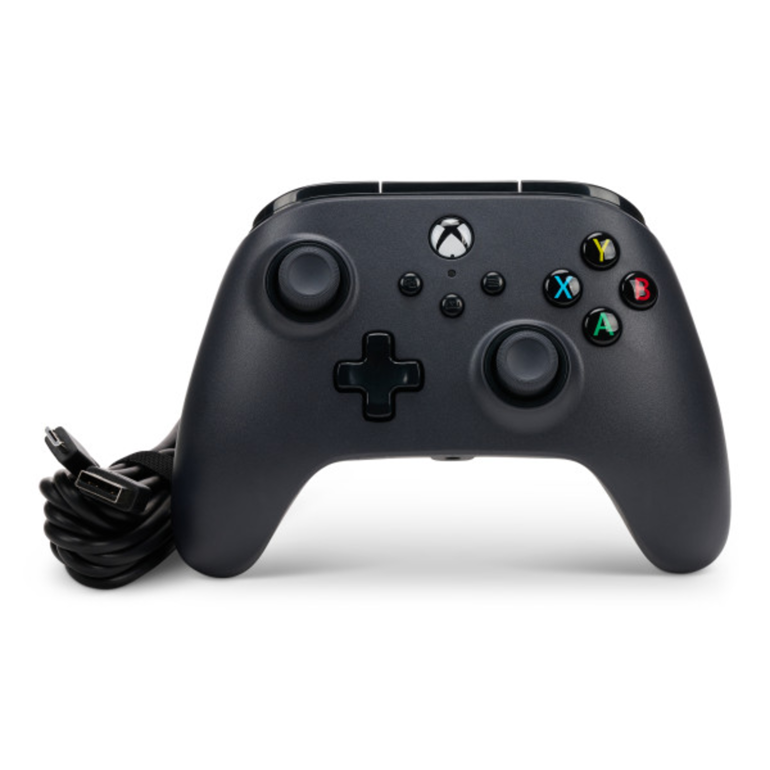 Black Xbox controller with a cable attached, isolated on a white background.