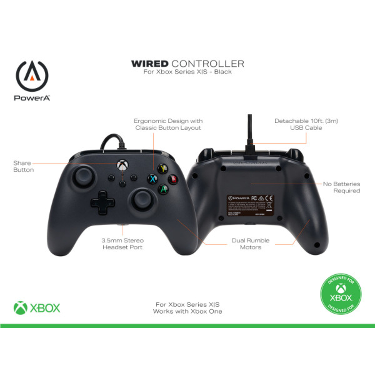 PowerA wired controller for Xbox Series X|S, with diagrams and labels. Black controller.