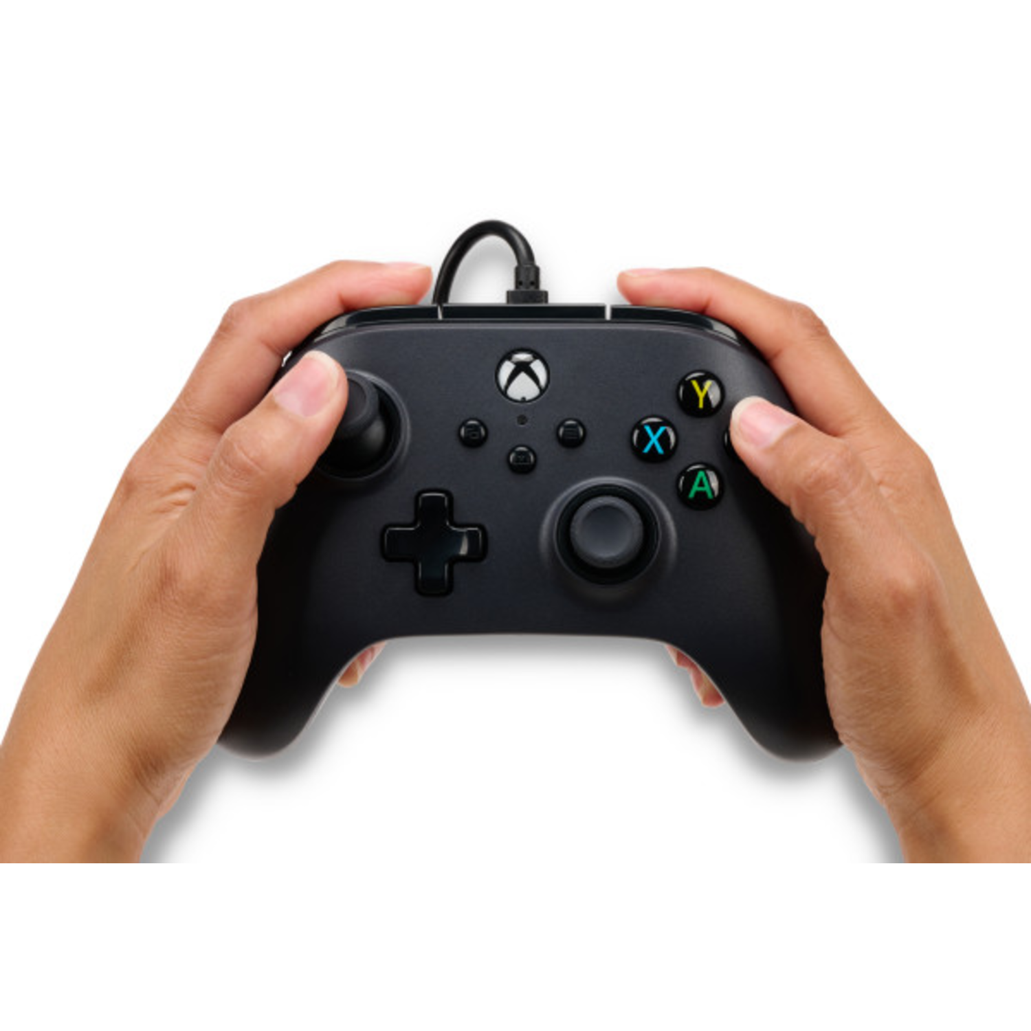 Hands holding a black Xbox controller, top view. Buttons, joysticks, and D-pad are visible.