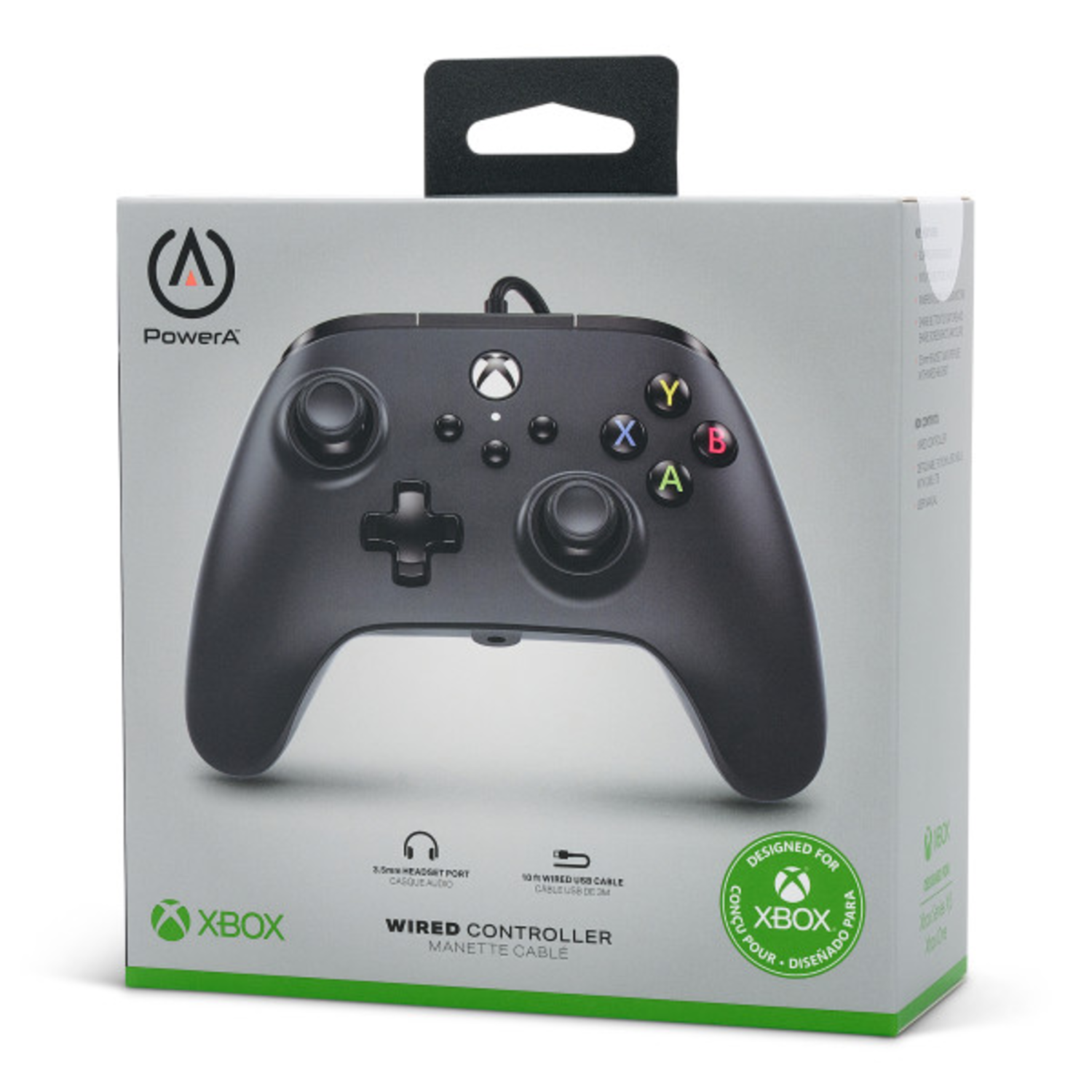 Black Xbox wired controller in a box with handle. PowerA brand. Black controller with green and white accents.