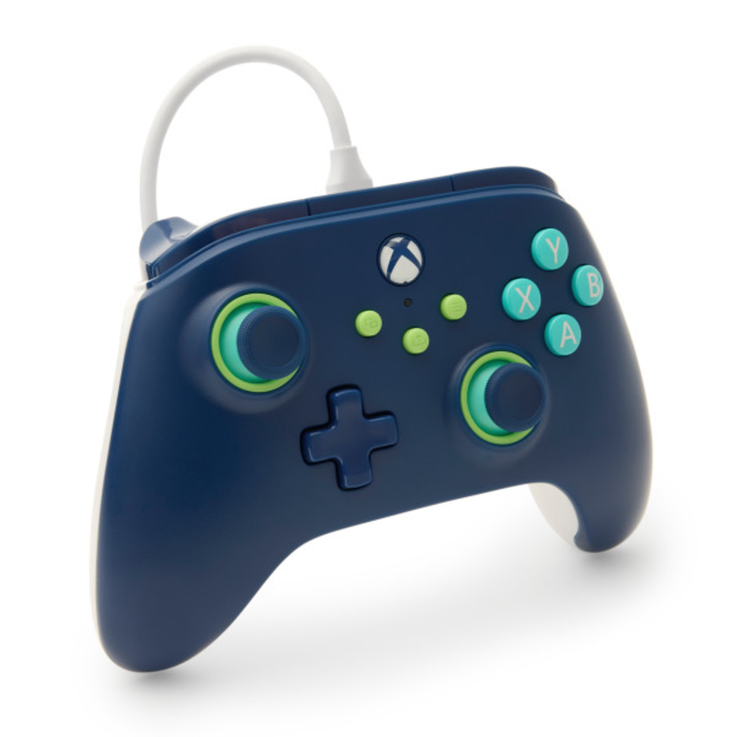 Xbox controller, dark blue body, white cable. Green accents, buttons. Angled view, white background.