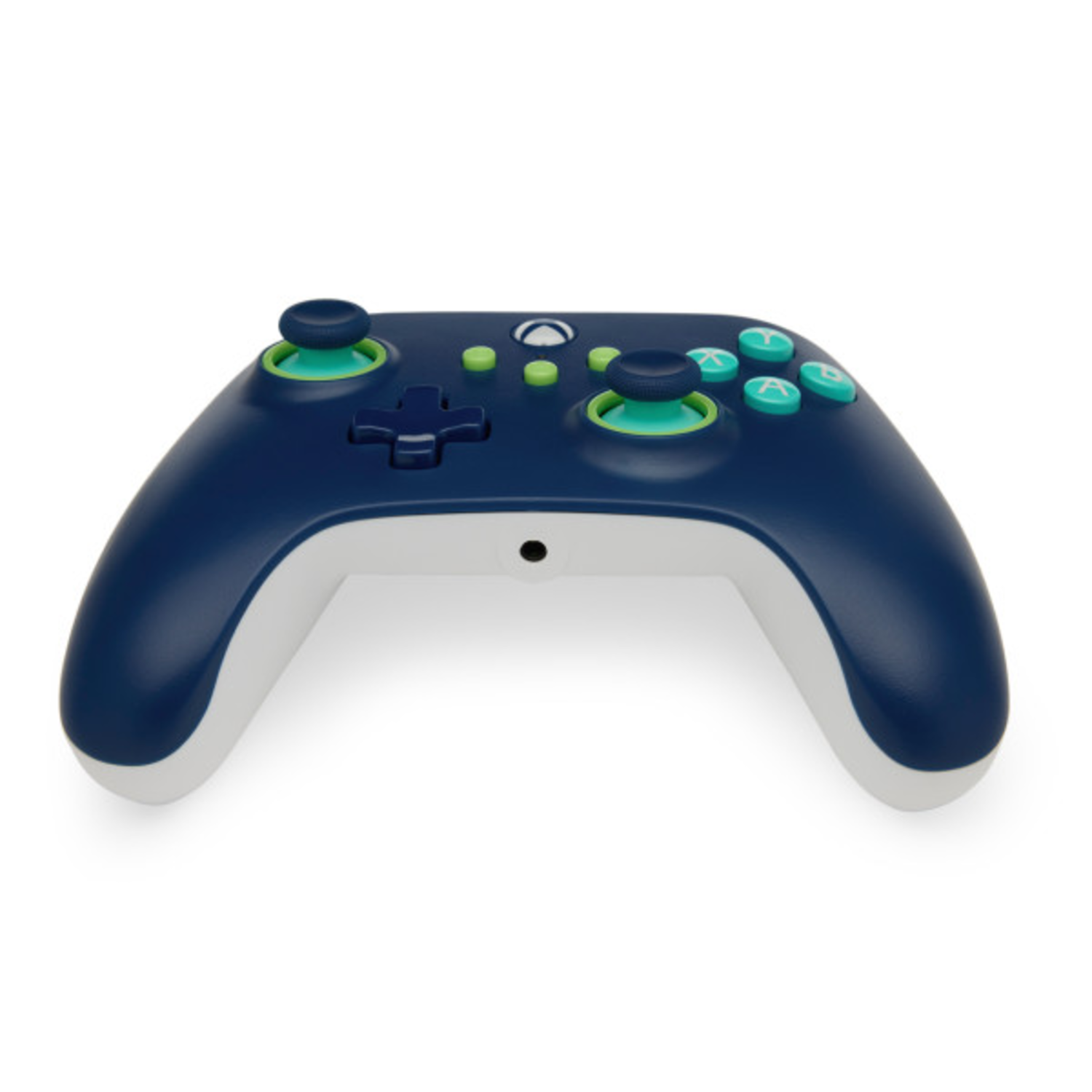 Dark blue Xbox controller with white accents. Green accents on thumbsticks and buttons. White background.