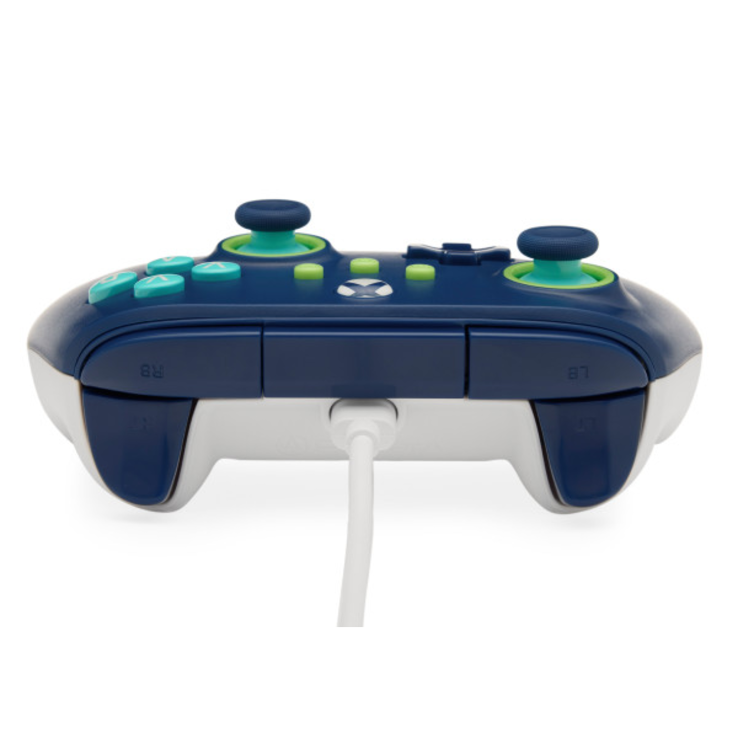 Xbox controller, dark blue body with white accents. Green thumbsticks and buttons. Rear view, white background.
