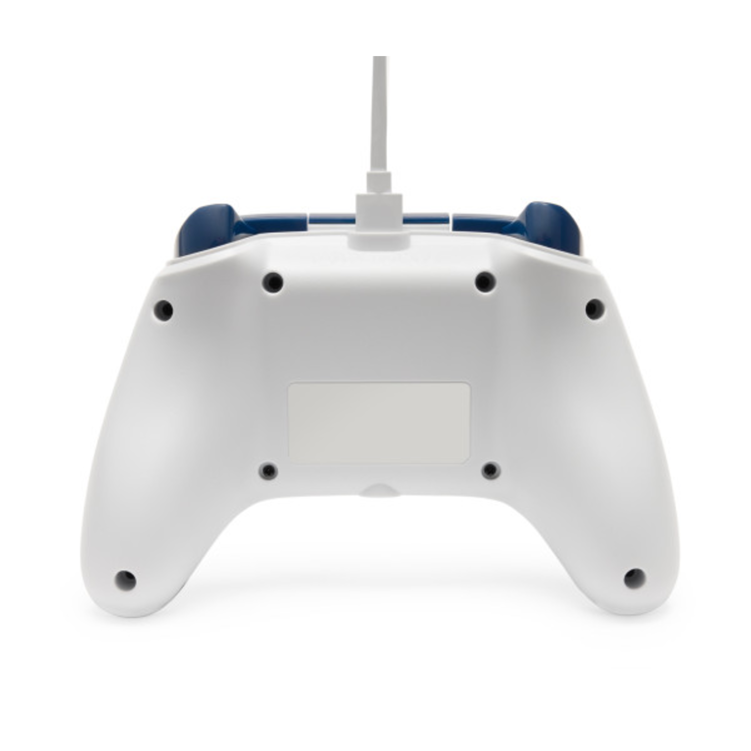 Xbox controller, dark blue with white accents. Rear view. White background. White label on the back.