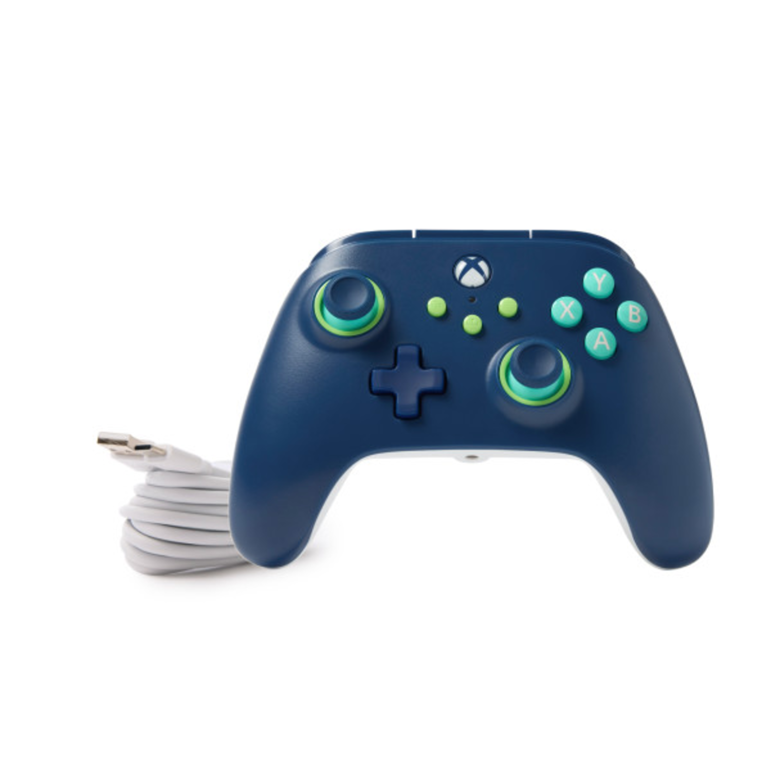 Dark blue Xbox controller with white cable and accents. Green accents on thumbsticks and buttons. White background.