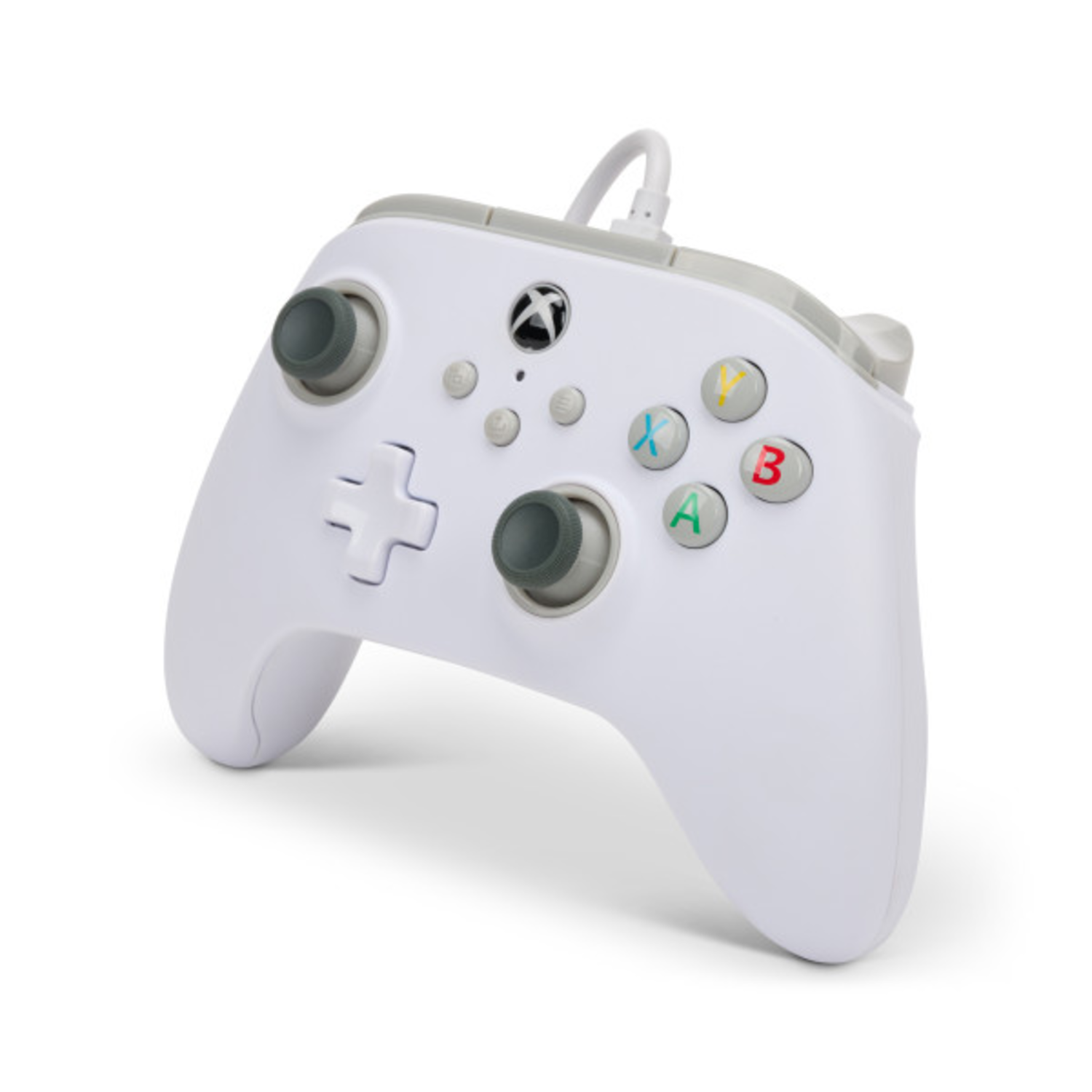 White Xbox controller with gray accents and cable. Gray thumbsticks and buttons. White background.