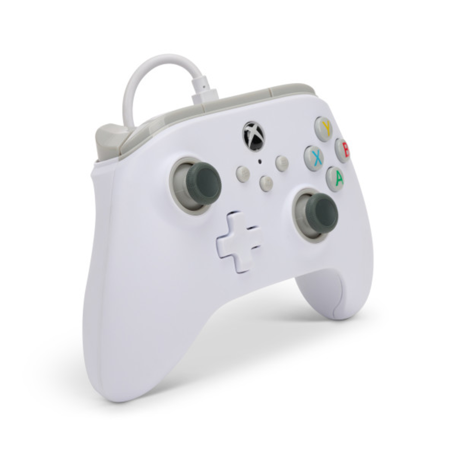 White Xbox controller, gray accents, angled view. Gray thumbsticks and buttons. White background.