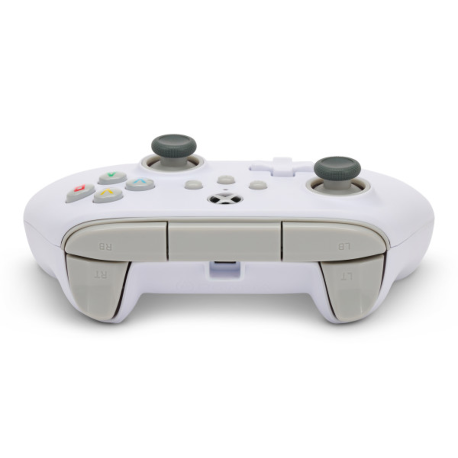 White Xbox controller, gray accents. Rear view. Gray buttons and triggers. White background.