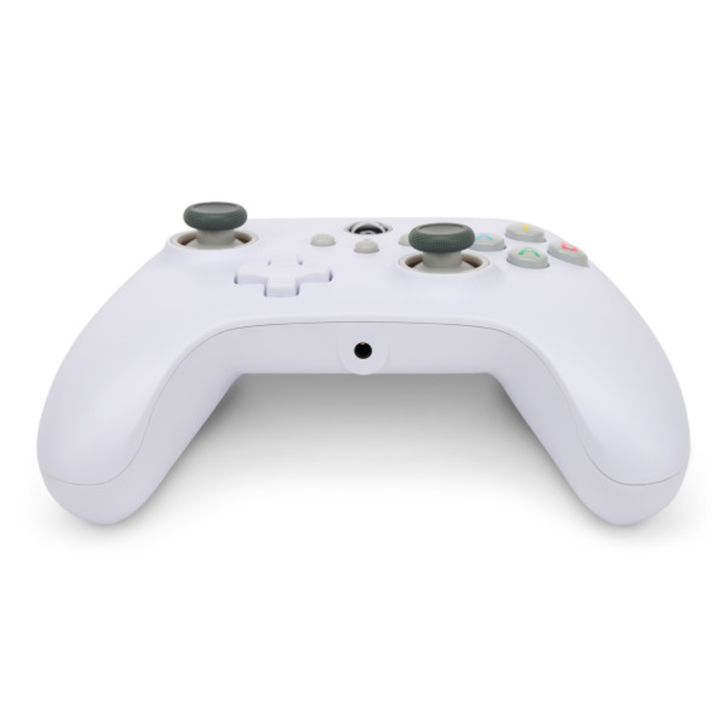 White Xbox controller with gray accents, two joysticks, and various colored buttons.
