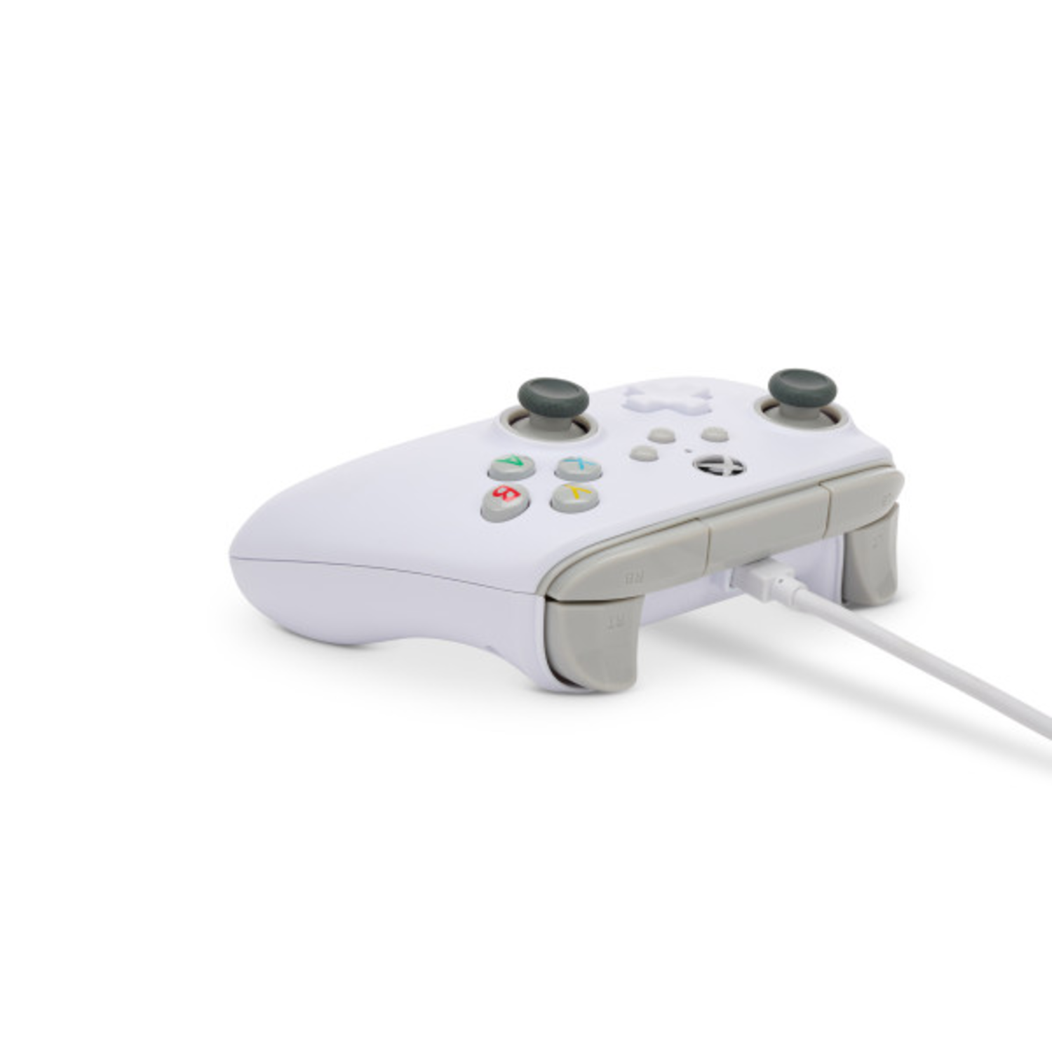 White Xbox controller with a gray section and a cable, angled against a white background.