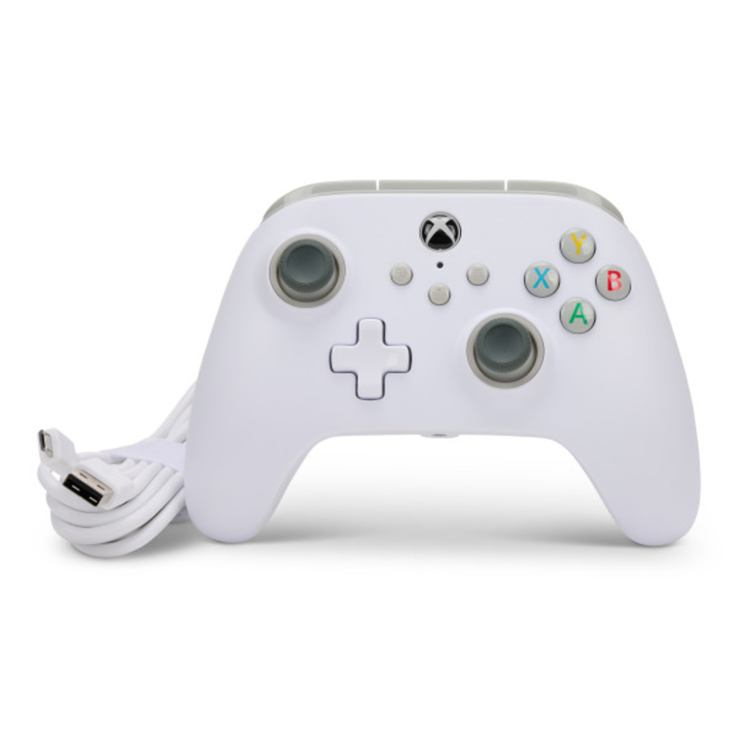 White Xbox controller with colored buttons, a USB cable, and the Xbox logo visible.