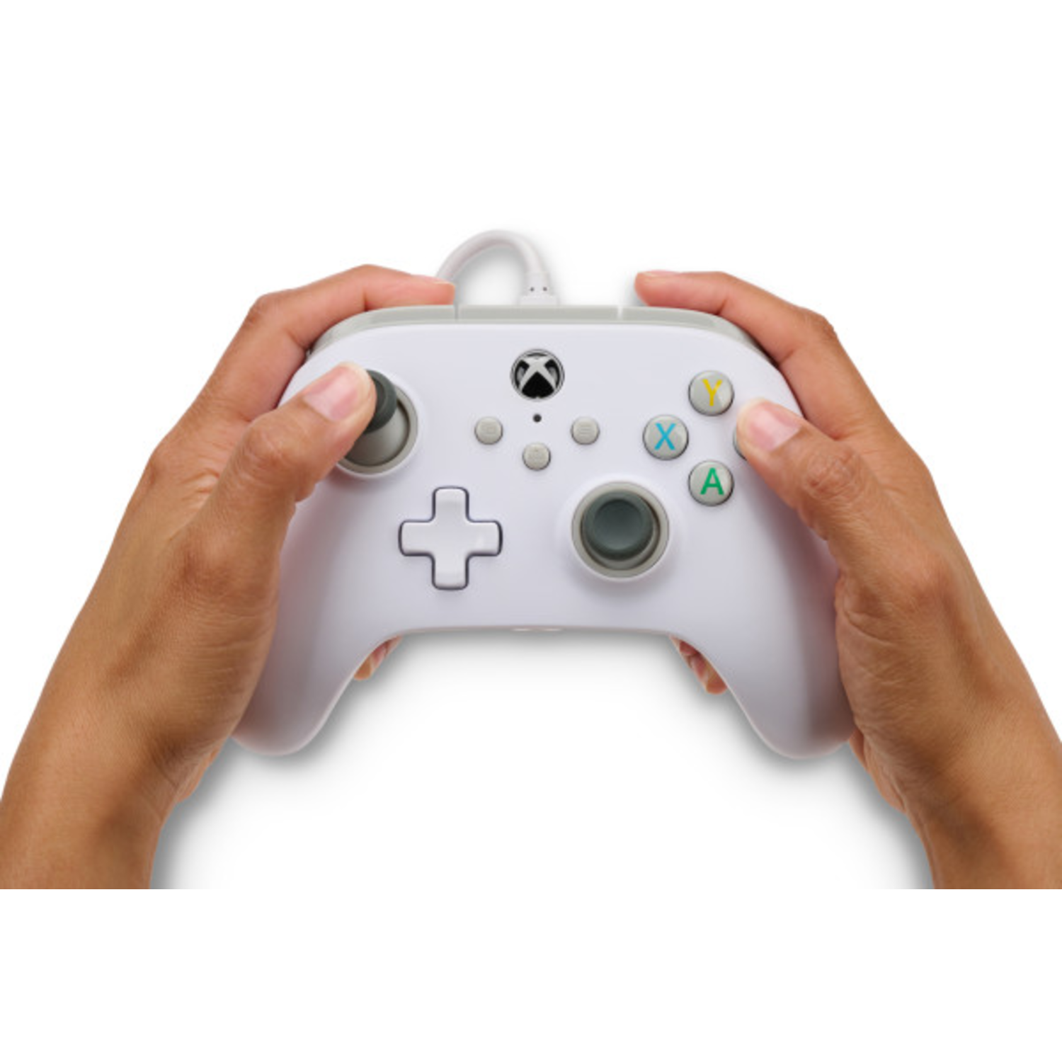 Hands holding a white Xbox controller, showcasing the buttons and joysticks, white background.