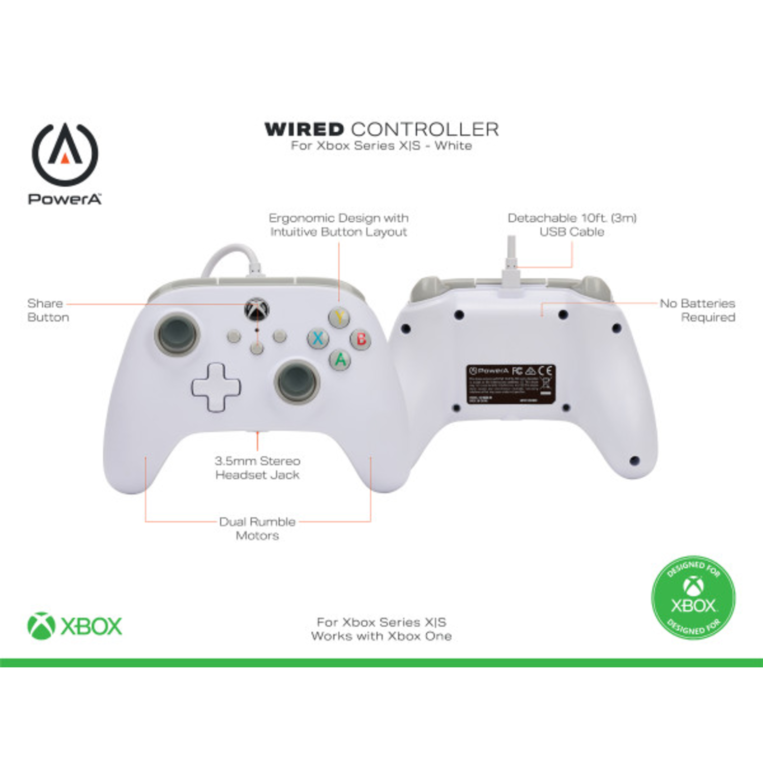 Diagram of a white Xbox controller, labeled with features, and the PowerA and Xbox logos.