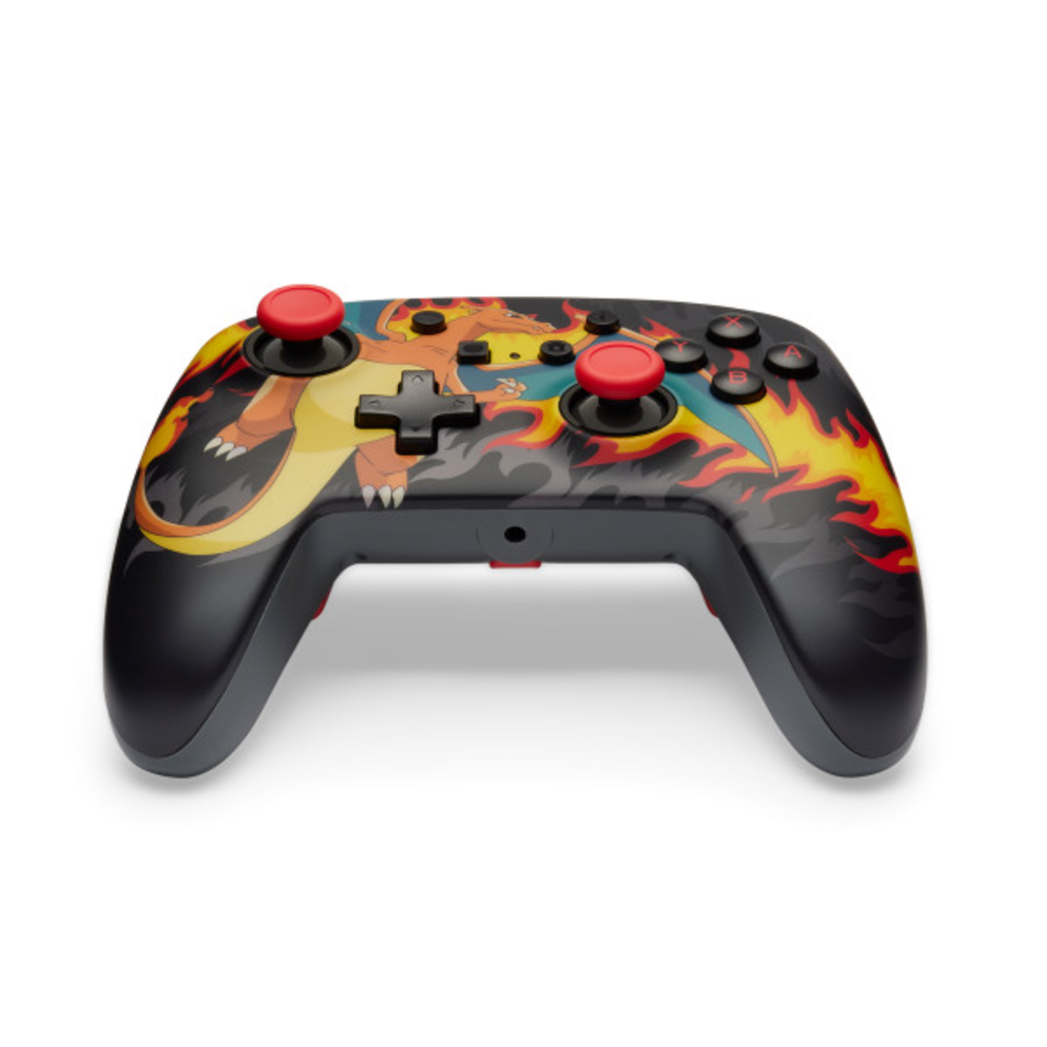 Zwarte controller met Charizard-ontwerp, rode knoppen en joysticks, witte achtergrond.