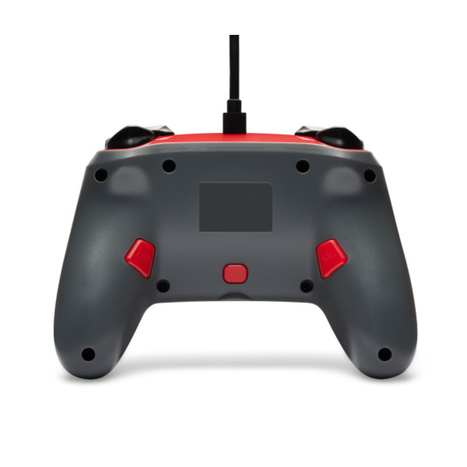 Achterkant van een grijze controller met rode accenten, knoppen en kabelaansluiting, wit.