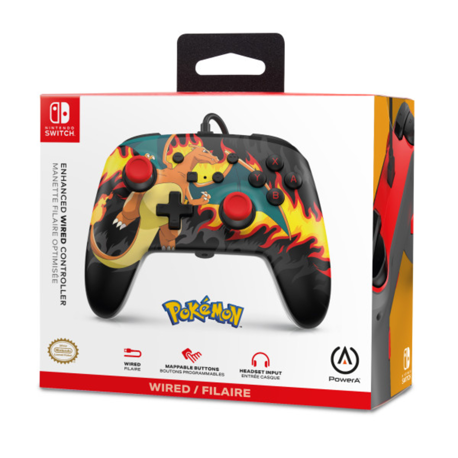 Nintendo Switch controllerdoos met Charizard en vlammen, bedraad.