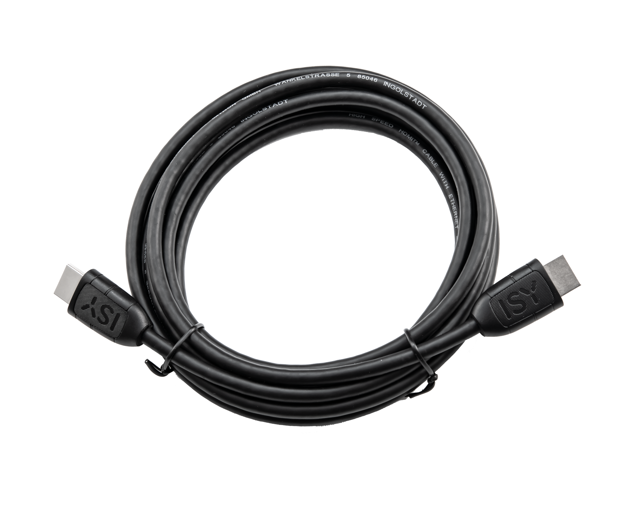 Fekete HDMI kábel, mindkét végén ISY logós csatlakozókkal.