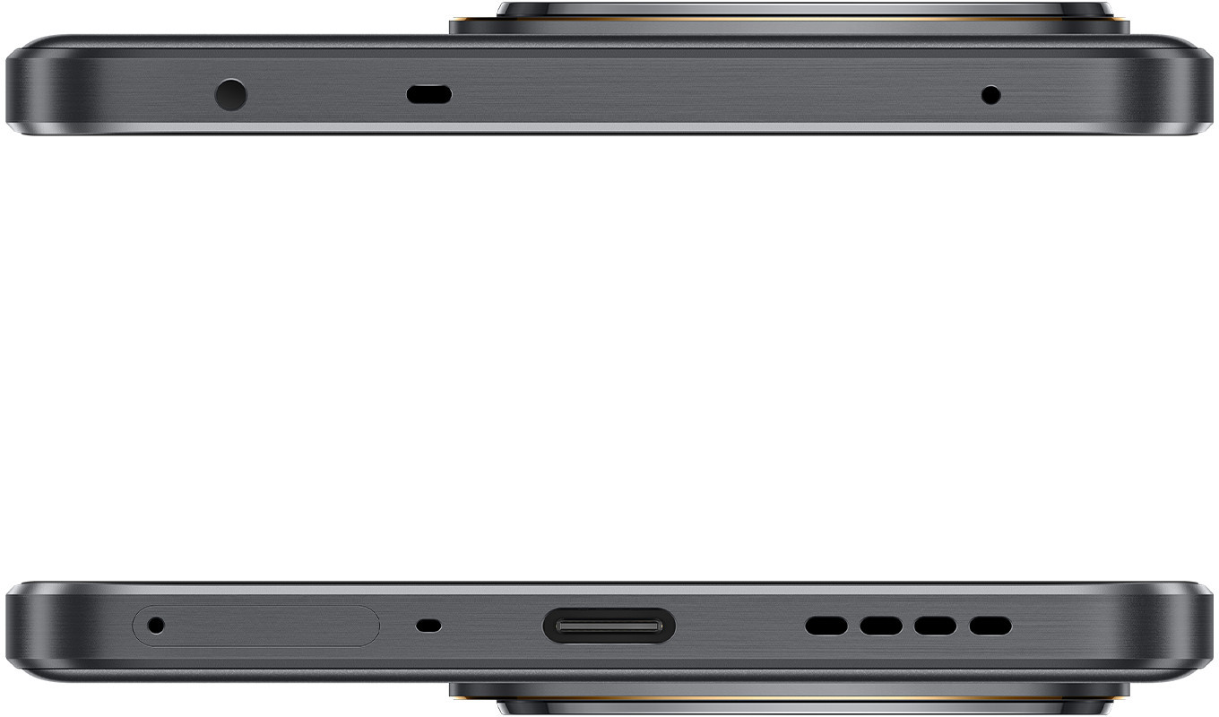 Dwa widoki ciemnoszarego smartfona, pokazujące porty i wypukłość kamery.