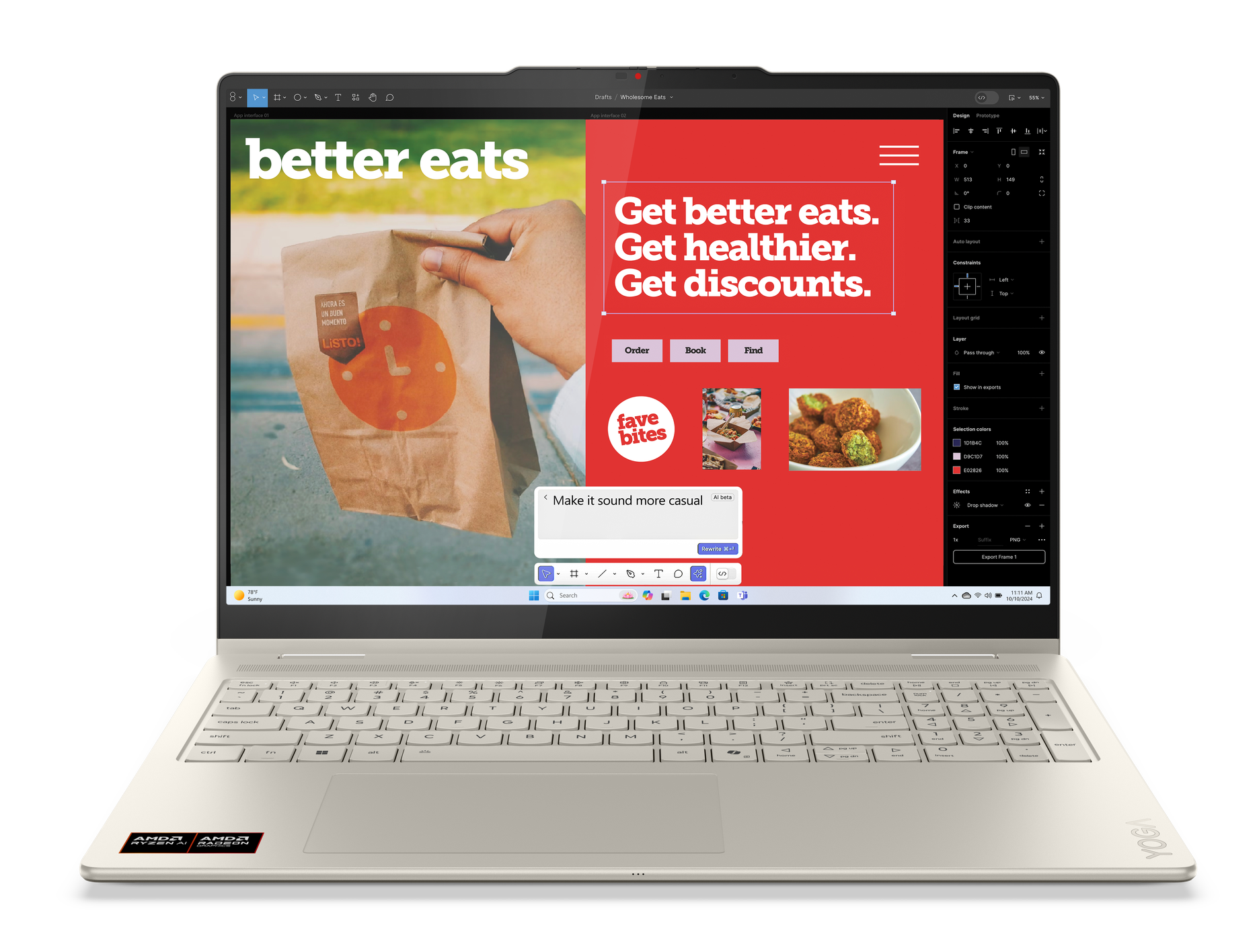 Laptop wyświetla stronę internetową z ofertami jedzenia. Ręka trzyma torbę z jedzeniem. Czerwony tekst na ekranie.