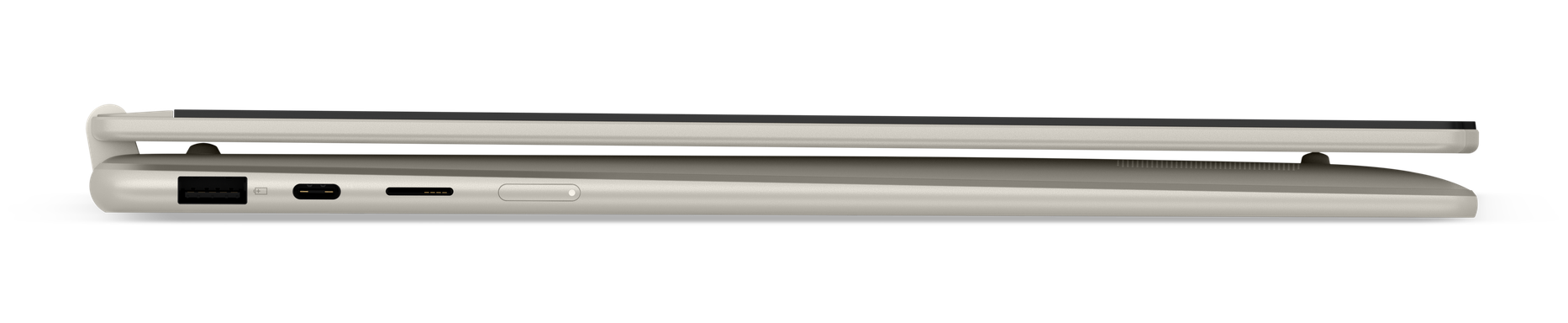 Widok z boku zamkniętego laptopa. Pokazuje porty z boku.