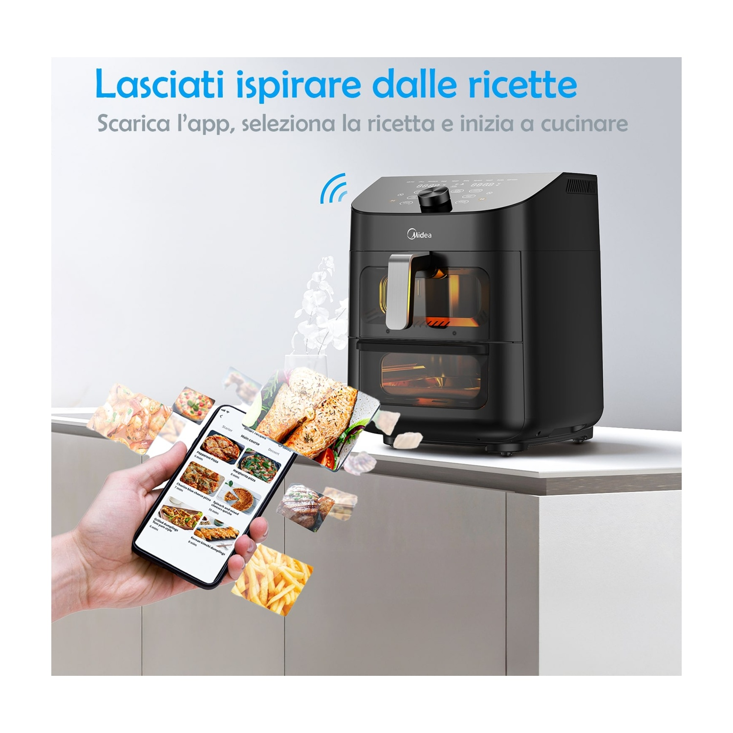 Una friggitrice ad aria con un telefono che mostra ricette. Immagini di cibo fluttuano intorno al telefono.