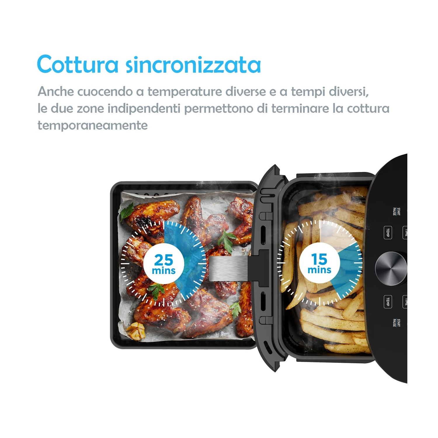Una friggitrice ad aria che cucina pollo e patatine fritte, con timer che mostrano 25 e 15 minuti.