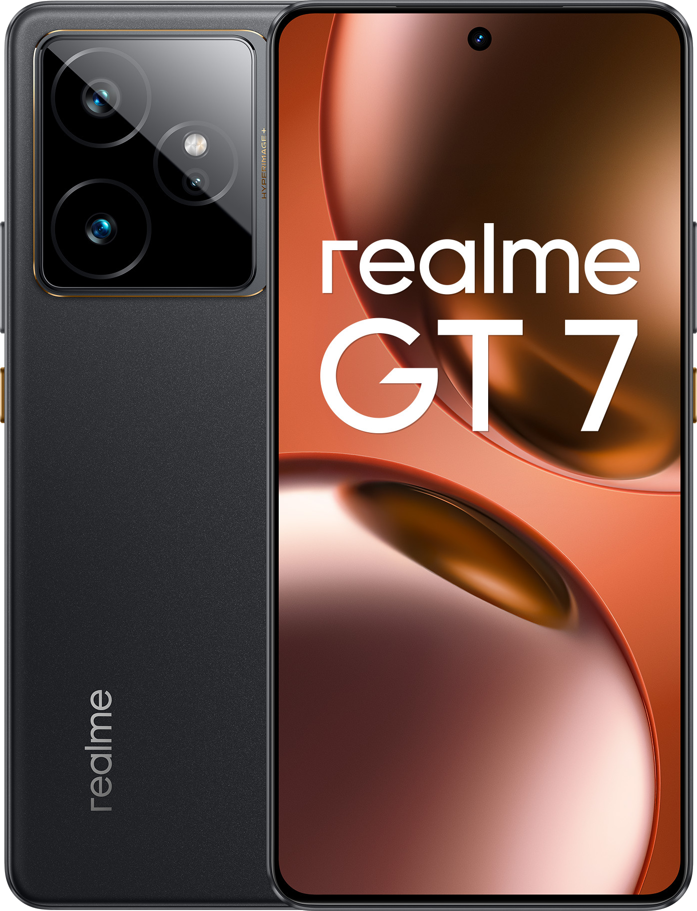 Czarny i złoty smartfon. Realme GT 7 jest wydrukowany na ekranie.