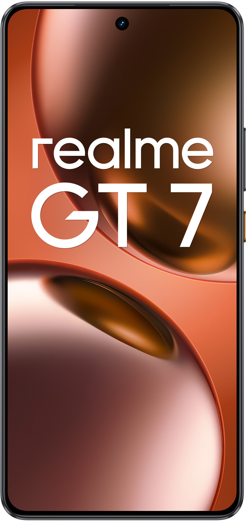 Smartfon Realme GT 7 na pomarańczowo-brązowym tle gradientowym. Widok z przodu, z logo.