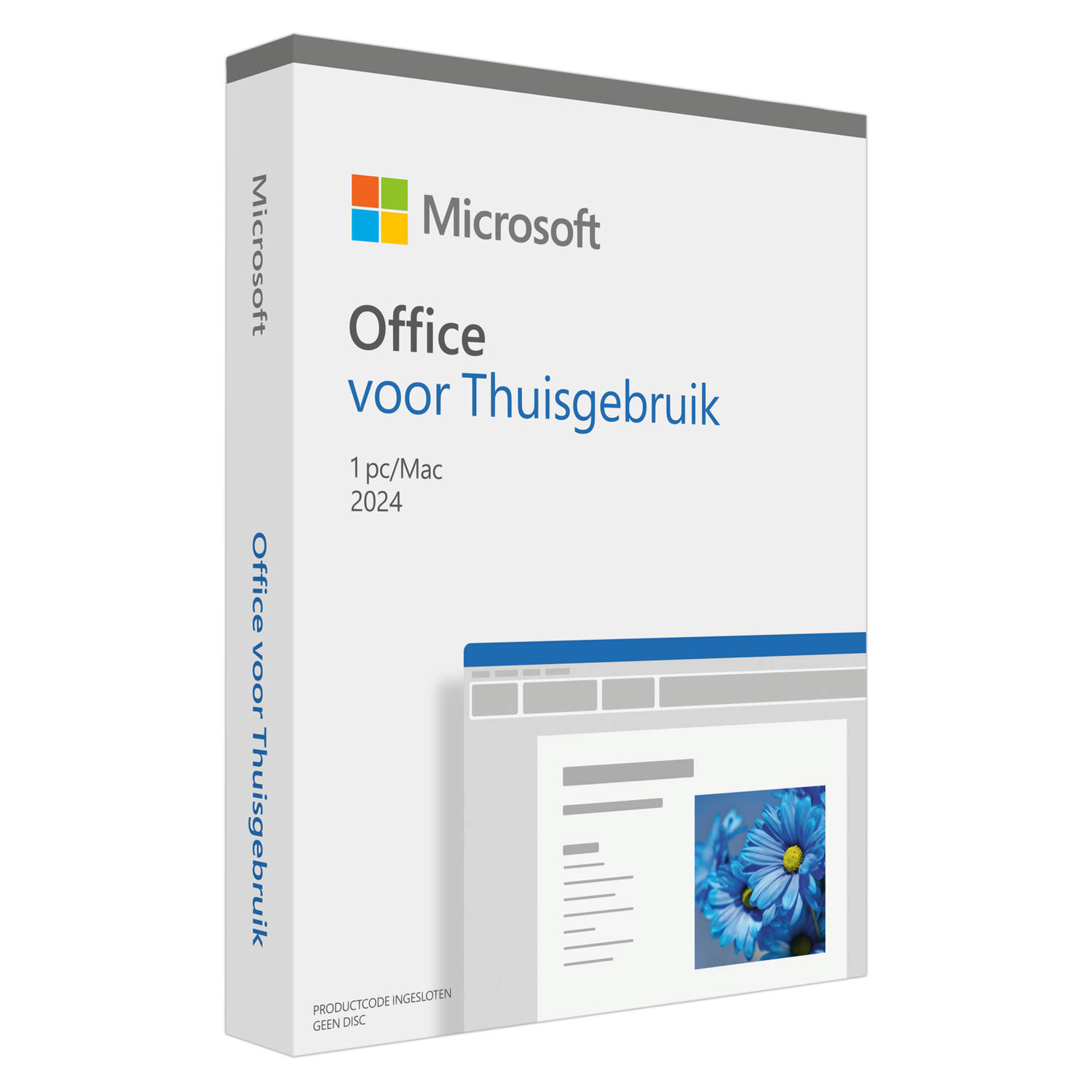 White Microsoft Office package. It says 'Office' and 'voor Thuisgebruik', and shows a floral image.