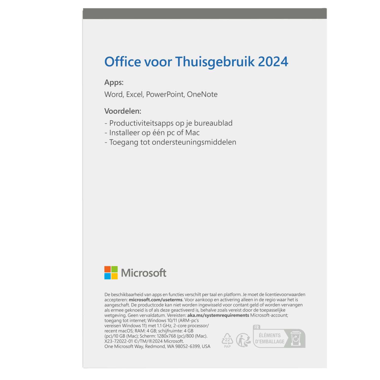 A white document. Text is in Dutch, detailing Office for Home Use 2024 features.