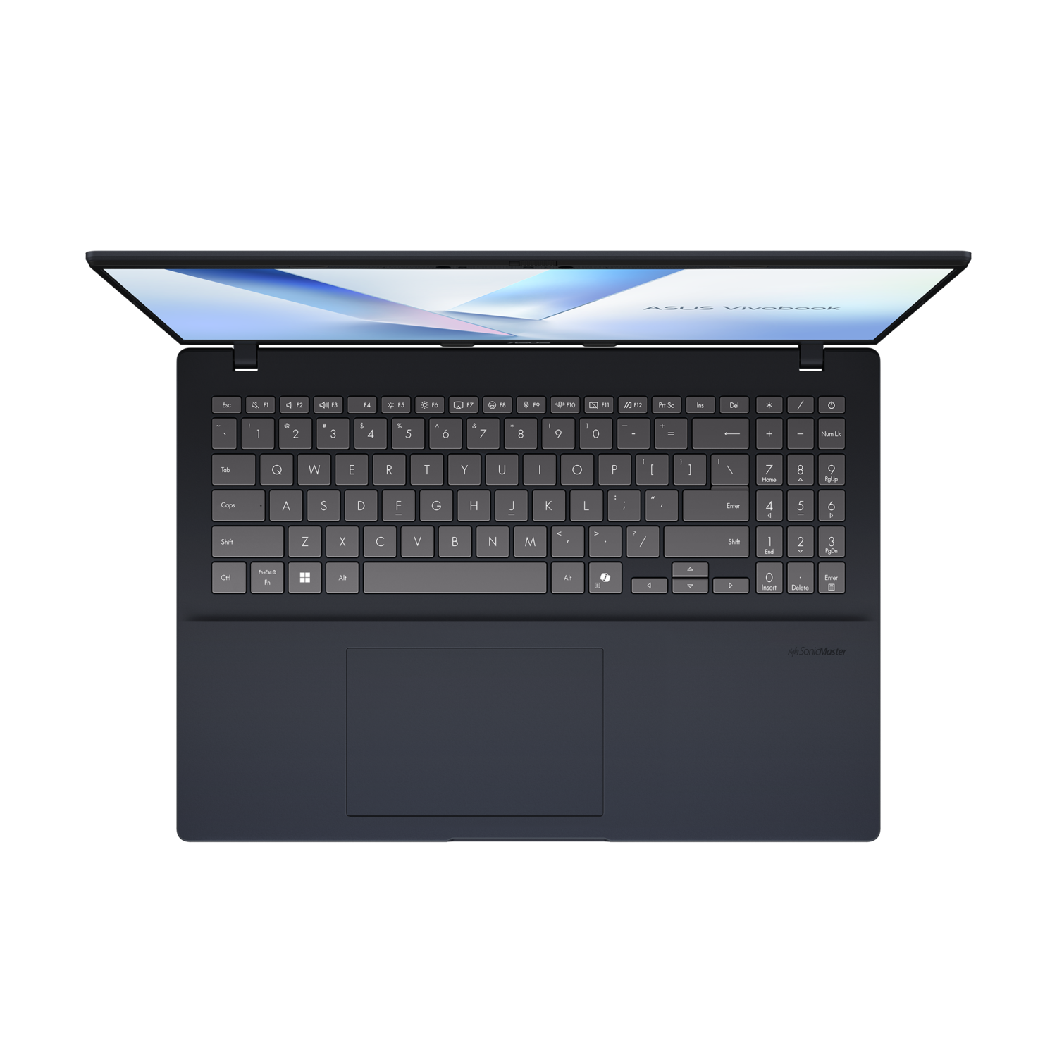 Een opengeklapte laptop op een donkere ondergrond. Het toetsenbord is zichtbaar, met een logo op het scherm.