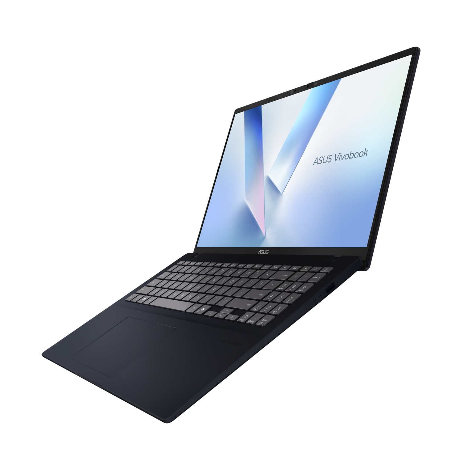 Een open marineblauwe laptop, met een wit scherm, op een zwart oppervlak.