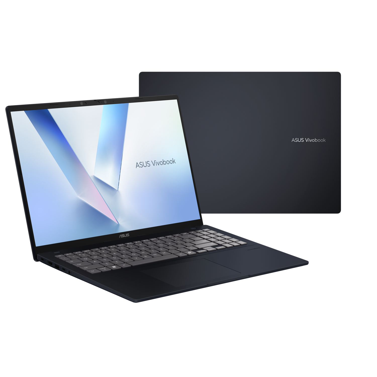 Een donkerblauwe laptop met de merknaam ASUS Vivobook op het scherm en deksel.