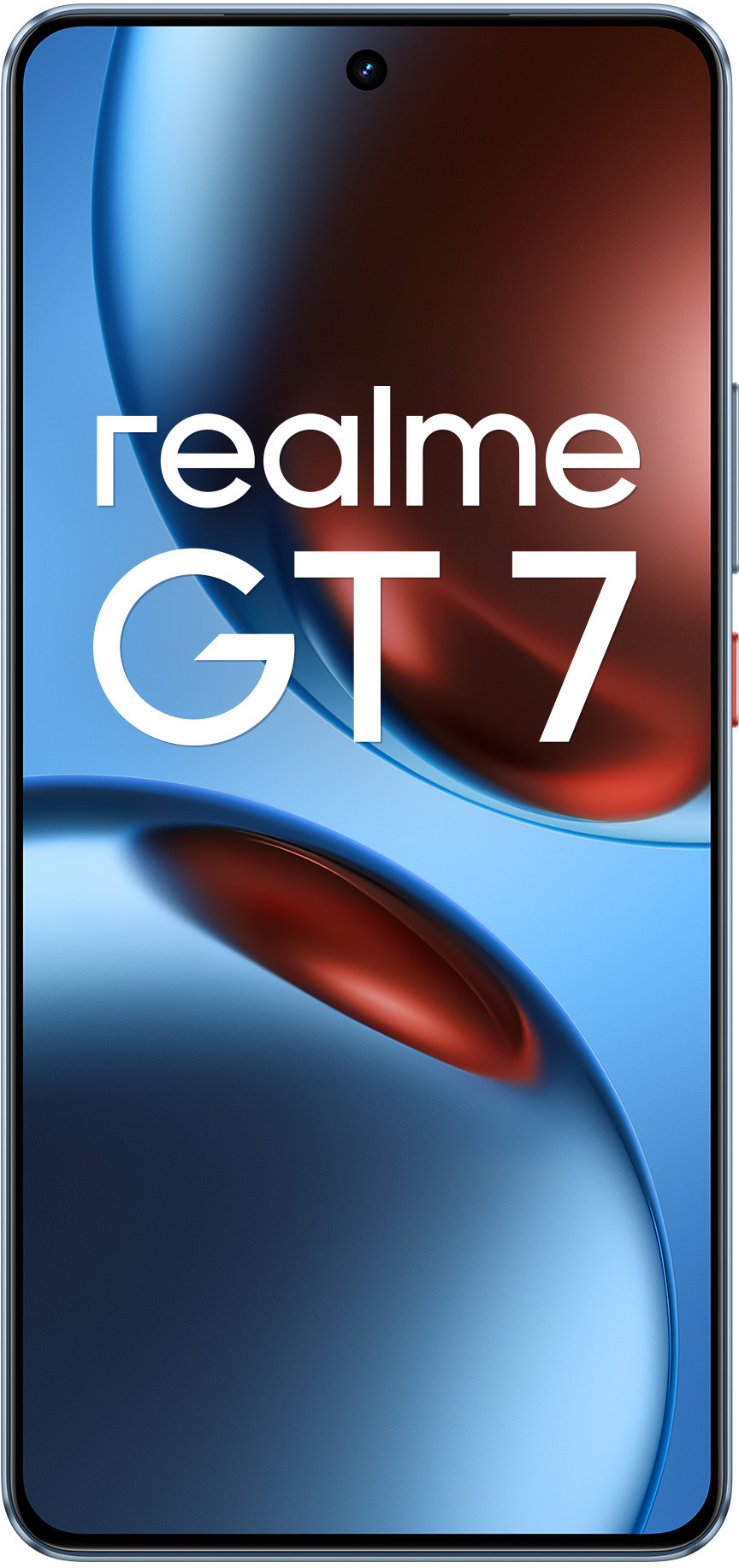 Telefon Realme GT 7, widok z przodu. Tło to mieszanka niebieskiego i brązowego, z nazwą telefonu.