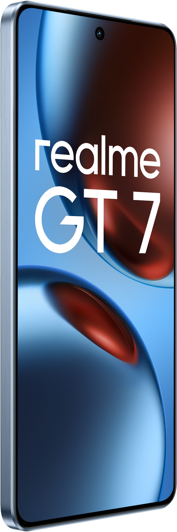 Niebieski telefon z zaokrąglonymi krawędziami. Tekst na telefonie to realme GT 7.