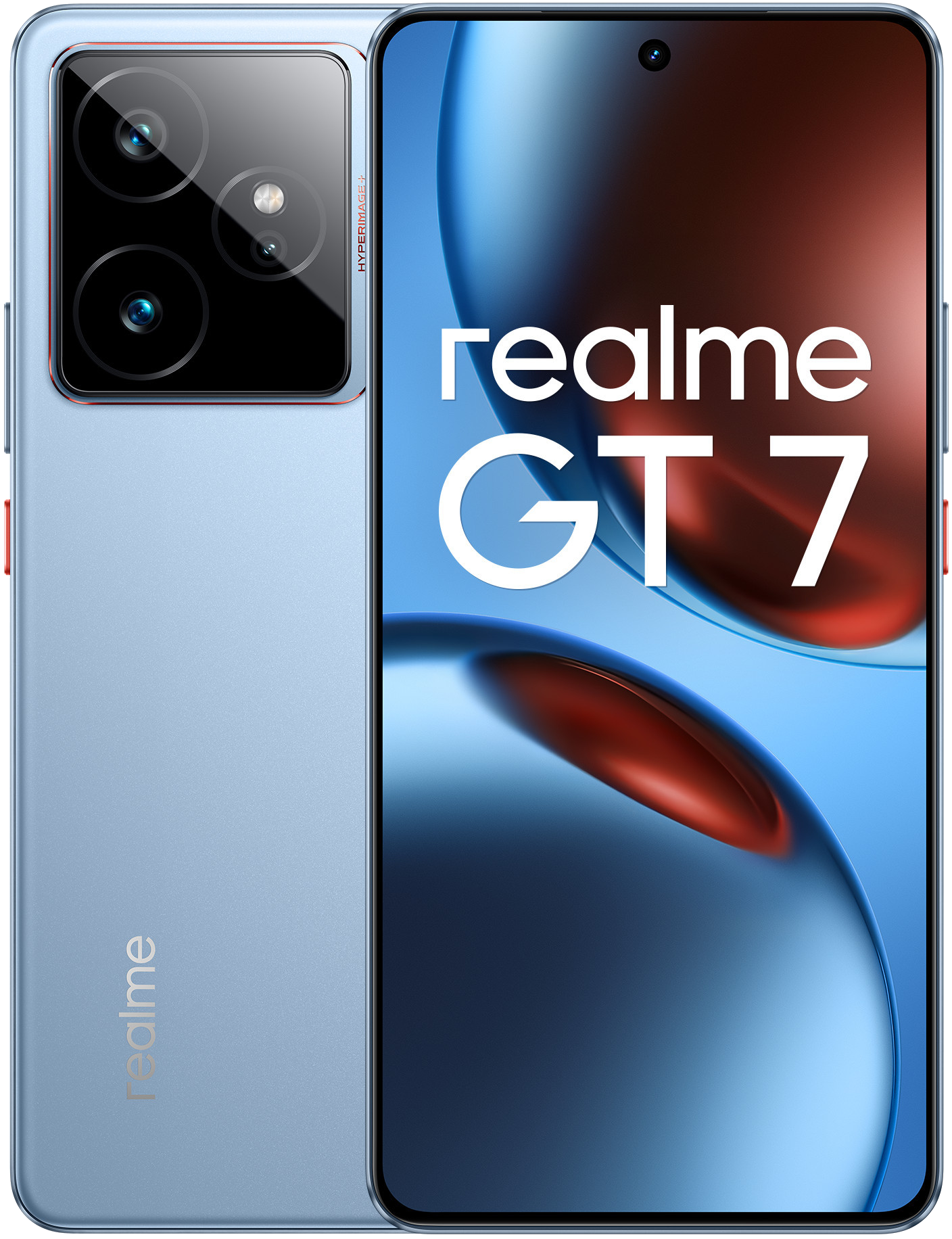 Niebieski smartfon Realme GT 7. Tył ma konfigurację aparatu, przód nazwę telefonu w kolorze białym.