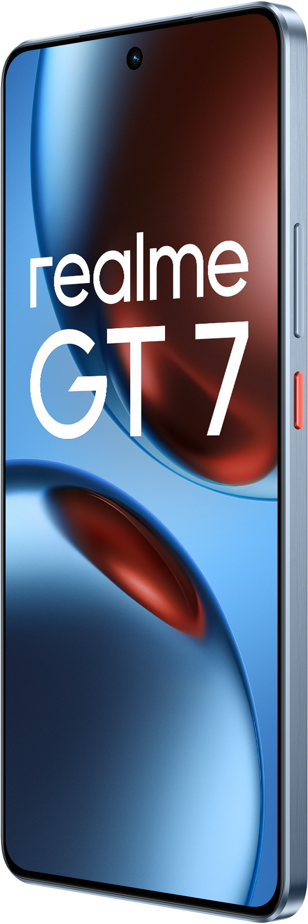 Jasnoniebieski smartfon. Ekran wyświetla 'realme GT 7'. Widok z profilu.